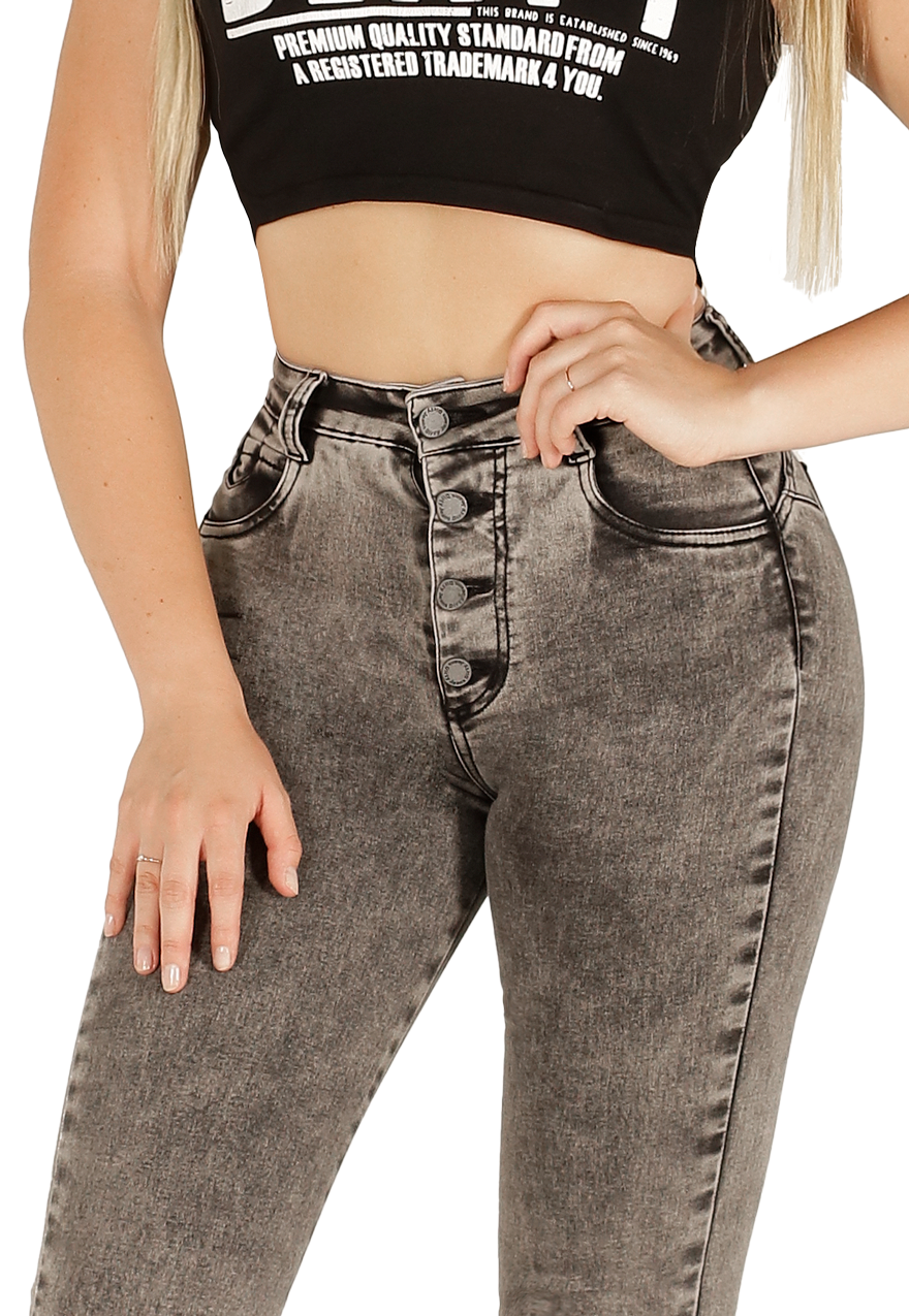 Jeans Flare Gris de Botones Mujer -2