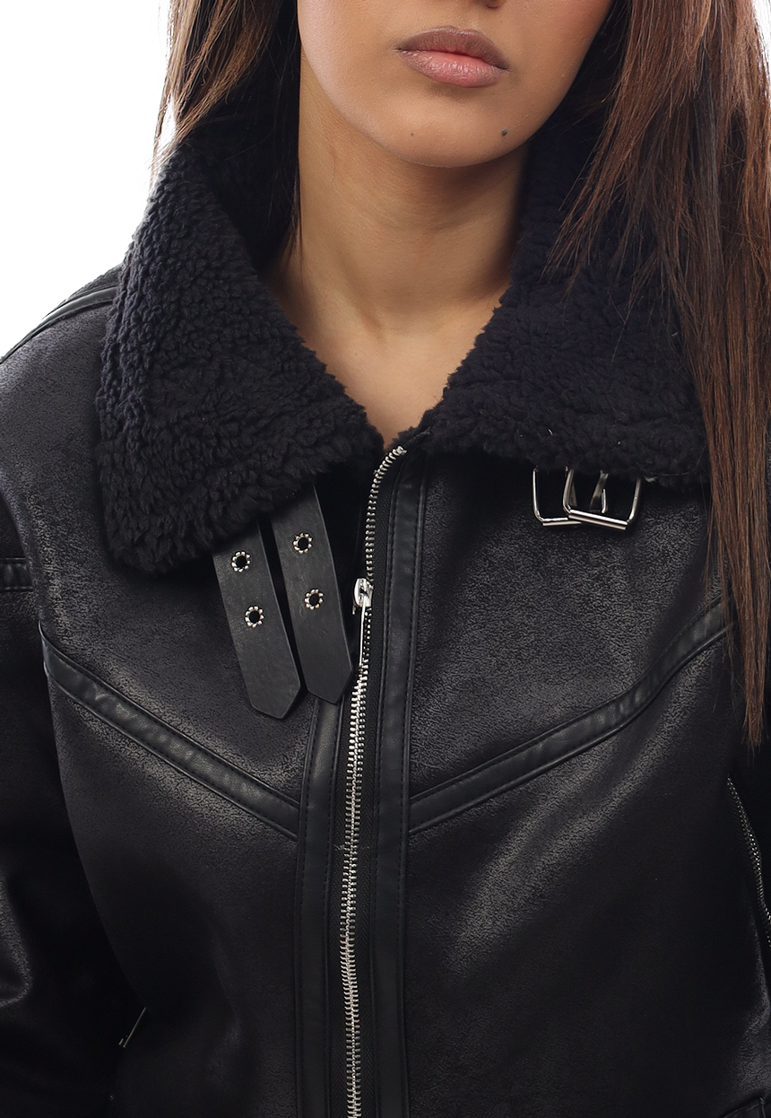CHAQUETA MUJER ECO CUERO Y CHIPORRO CH3605N-2