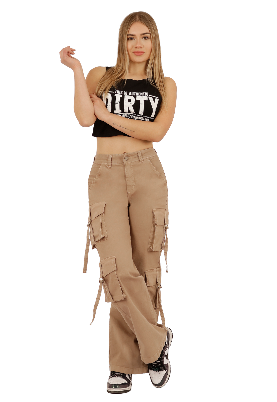 Jeans Cargo de 8 bolsillos Beige Mujer -0