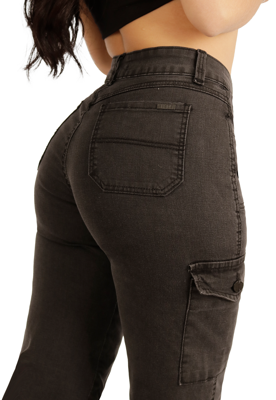 Jeans Cargo de 4 Botones Gris Mujer -3