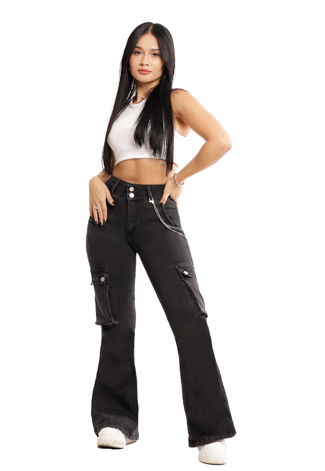 Jeans Cargo Bio Negro Gris de dos Botones Mujer-0