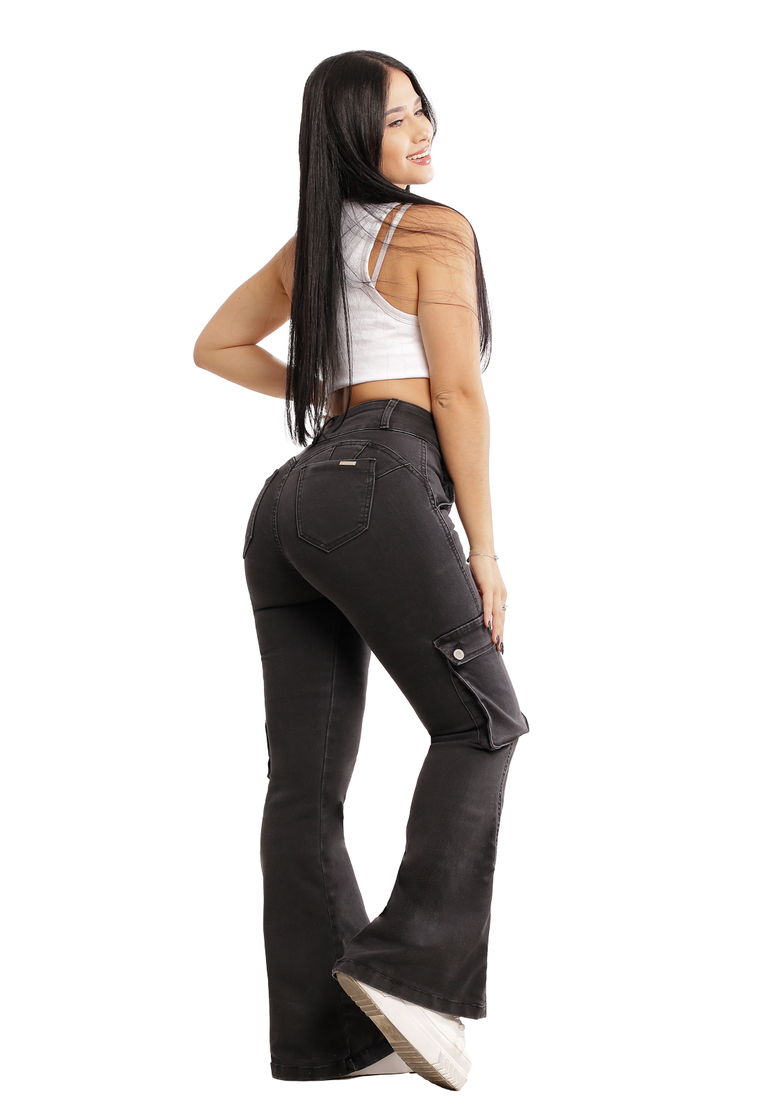 Jeans Cargo Bio Negro Gris de dos Botones Mujer-1