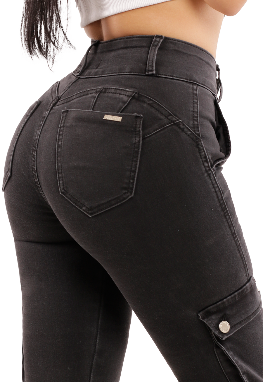 Jeans Cargo Bio Negro Gris de dos Botones Mujer-3
