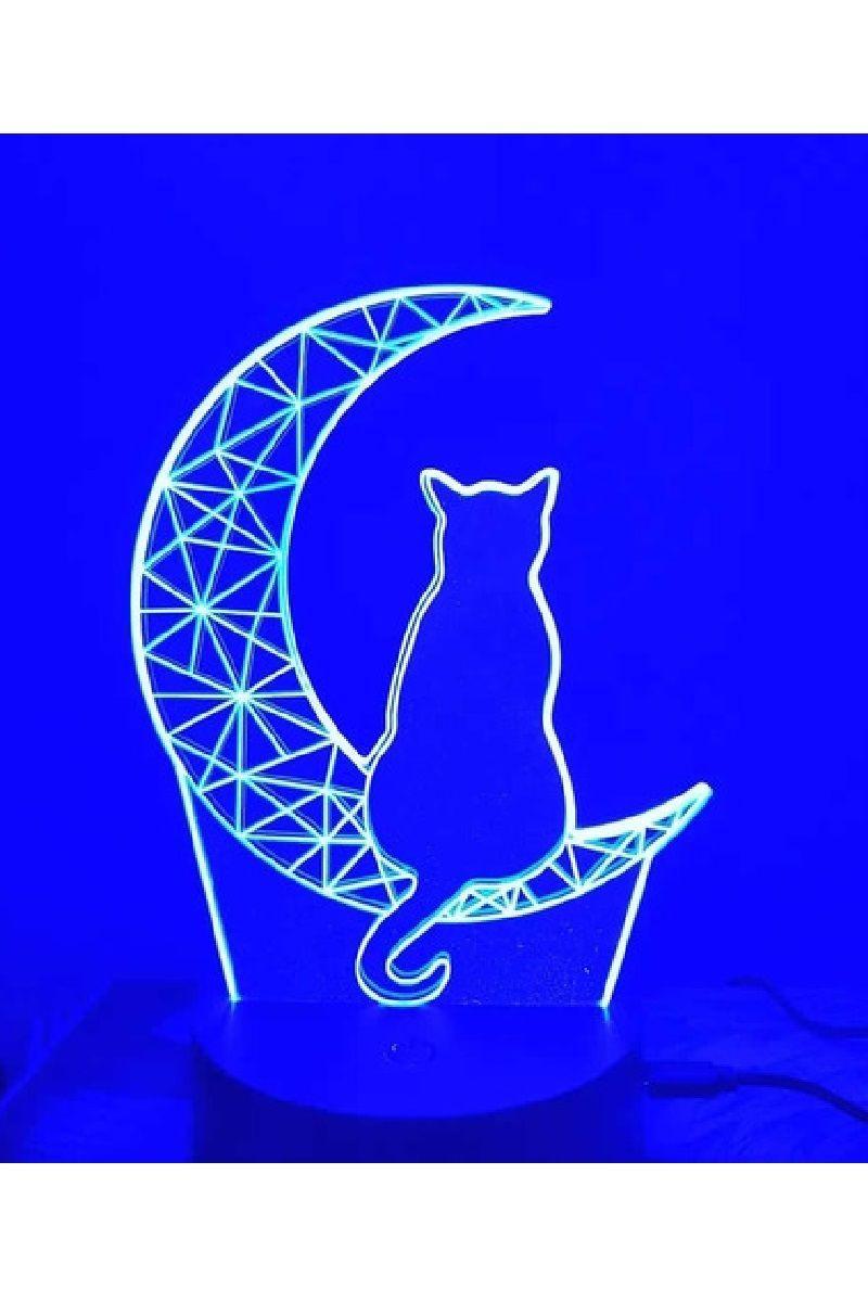 Lámpara Ilusión 3D Gato En La Luna 7 Colores-1