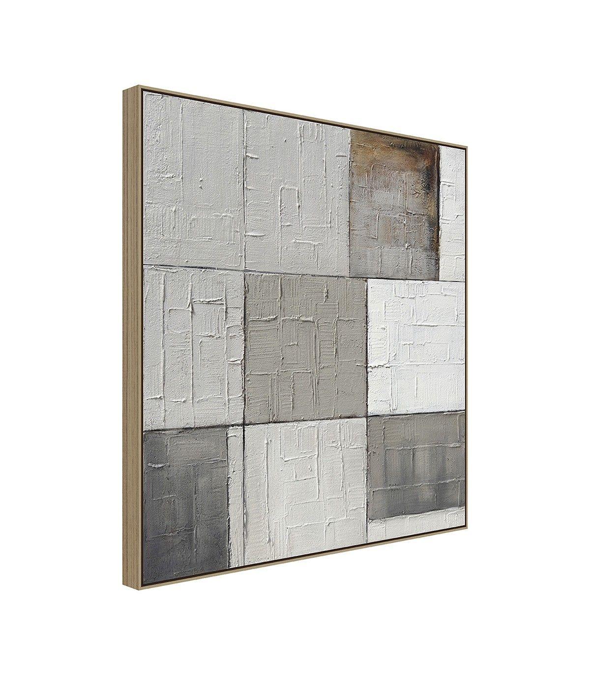 Cuadro Decorativo Los Cubos Canvas Pintado a Mano en Gris con Blanco Marco Natural 100x100 cm -2