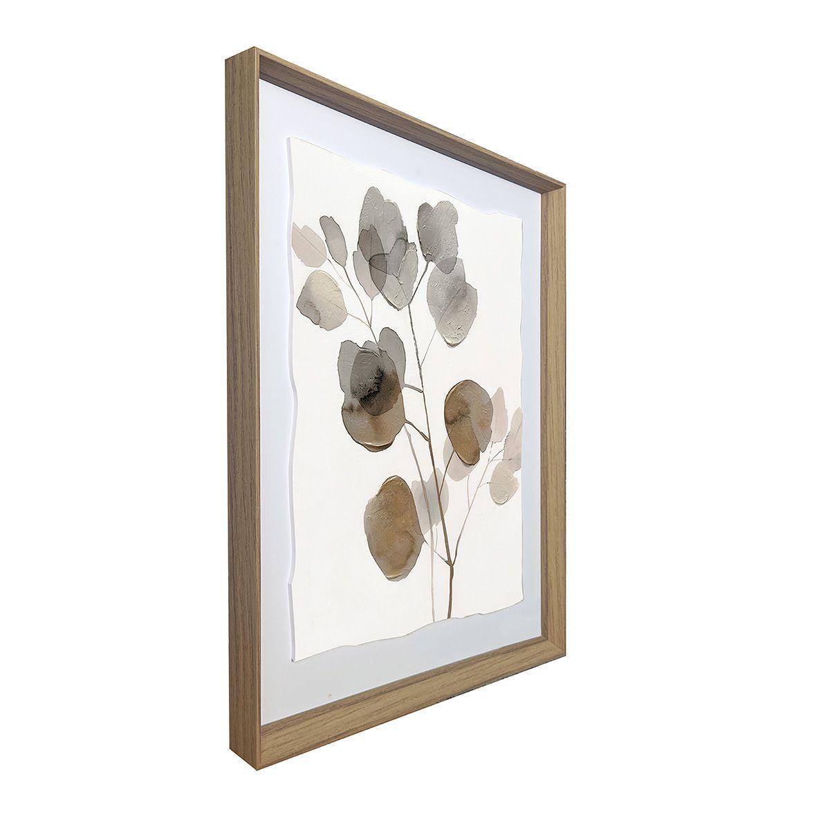 Cuadro Decorativo Las Hojas 1 Canvas HD Pintado a Mano Blanco/Café con Marco Natural 50x60 cm-2