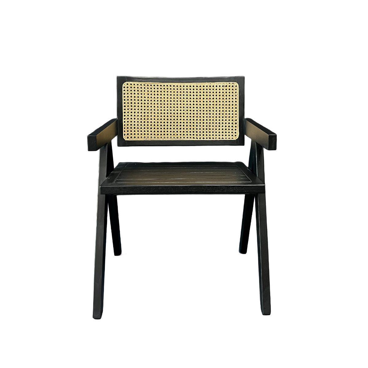 Silla Aurora Plus con Apoyabrazos en Madera de Fresno Negra y Respaldo de Ratán Natural -2