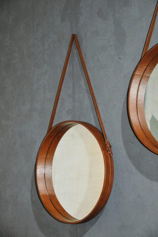 Espejo Colgante Circular Cuero Natural 54 cm-2