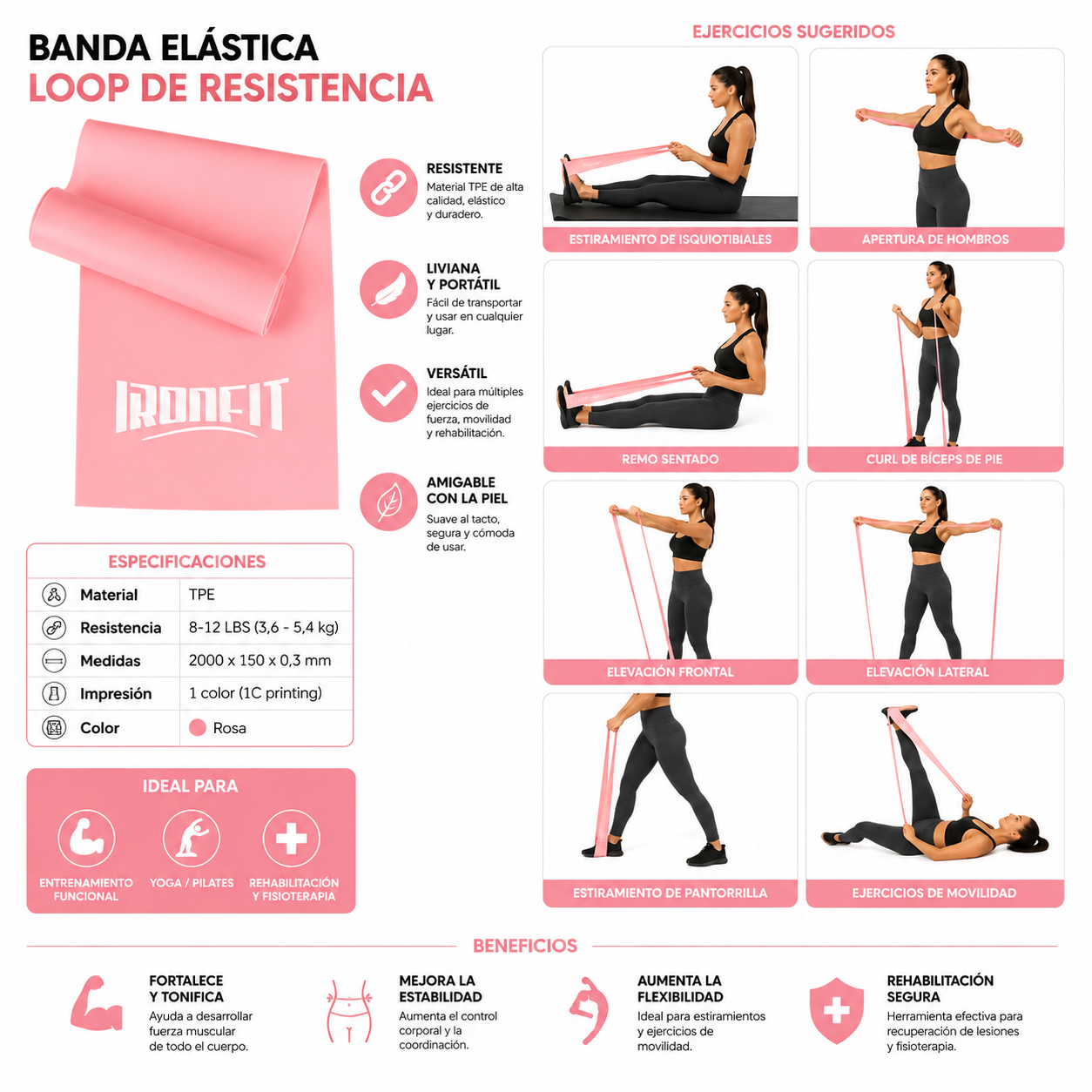Banda Elastica Loop de Resistencia Ironfit TPE 3 a 5 kg Rosa-1