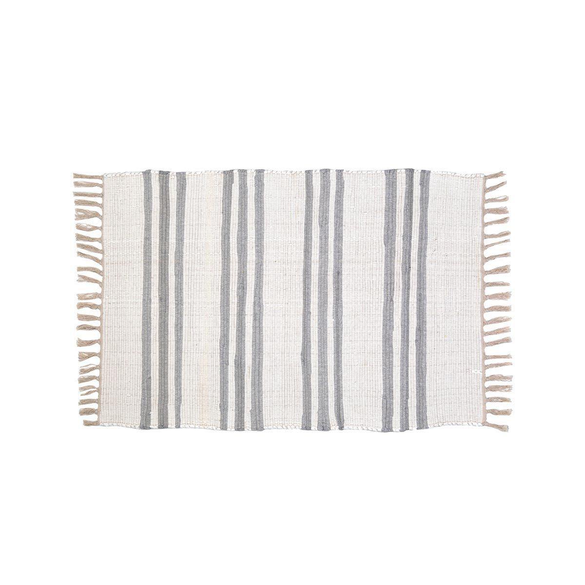 Bajada de cama Kendura de yute y algodón, líneas blanco-gris. 60x90cm-0