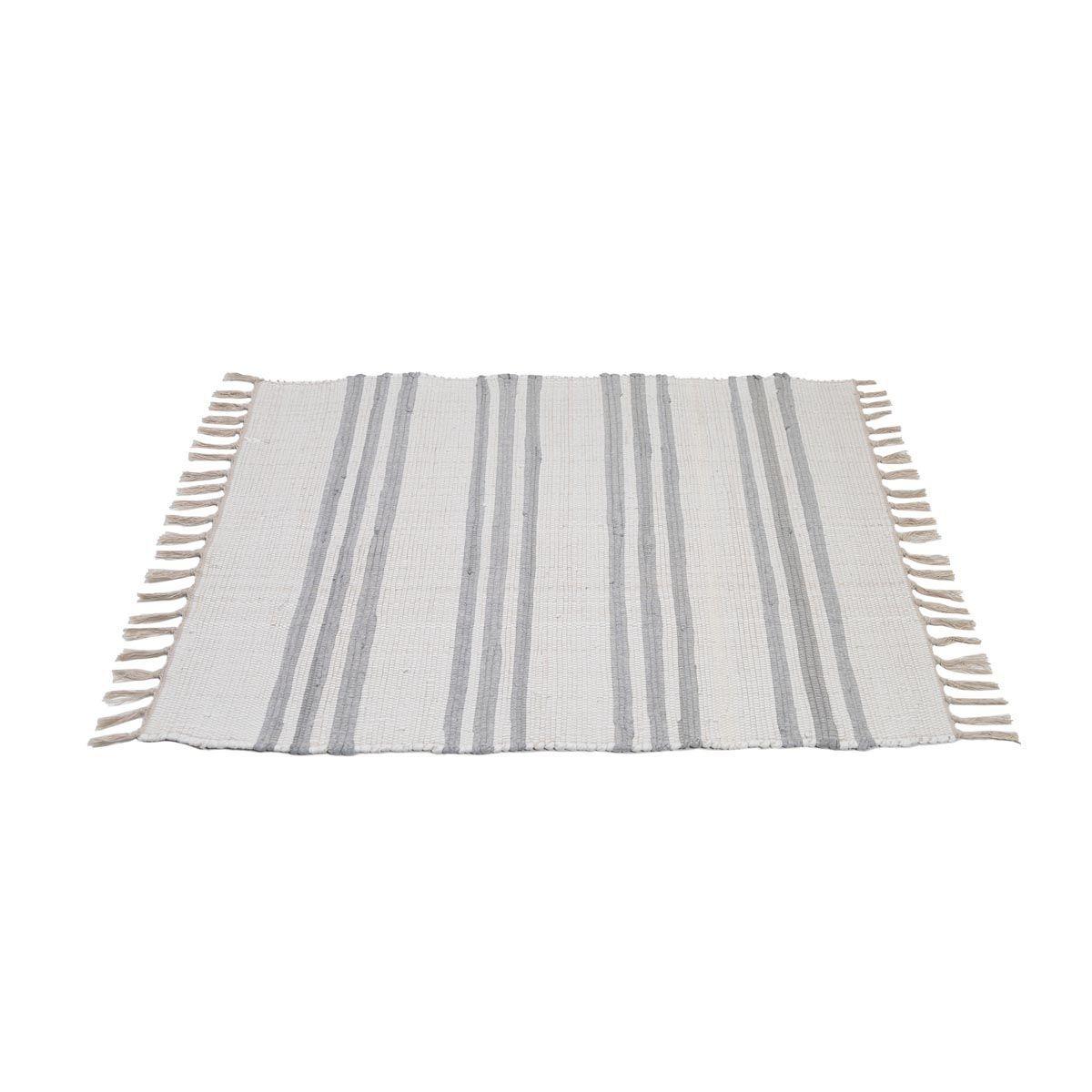 Bajada de cama Kendura de yute y algodón, líneas blanco-gris. 60x90cm-3