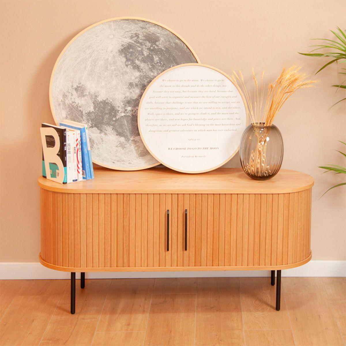 Buffet Oslo Bajo de Madera Roble Color Natural con Puerta Corredera y Patas Metálicas 120×40×55,5 cm-2