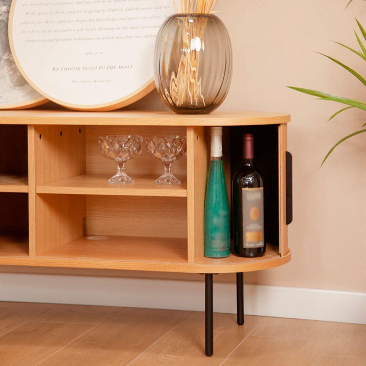 Buffet Oslo Bajo de Madera Roble Color Natural con Puerta Corredera y Patas Metálicas 120×40×55,5 cm-3