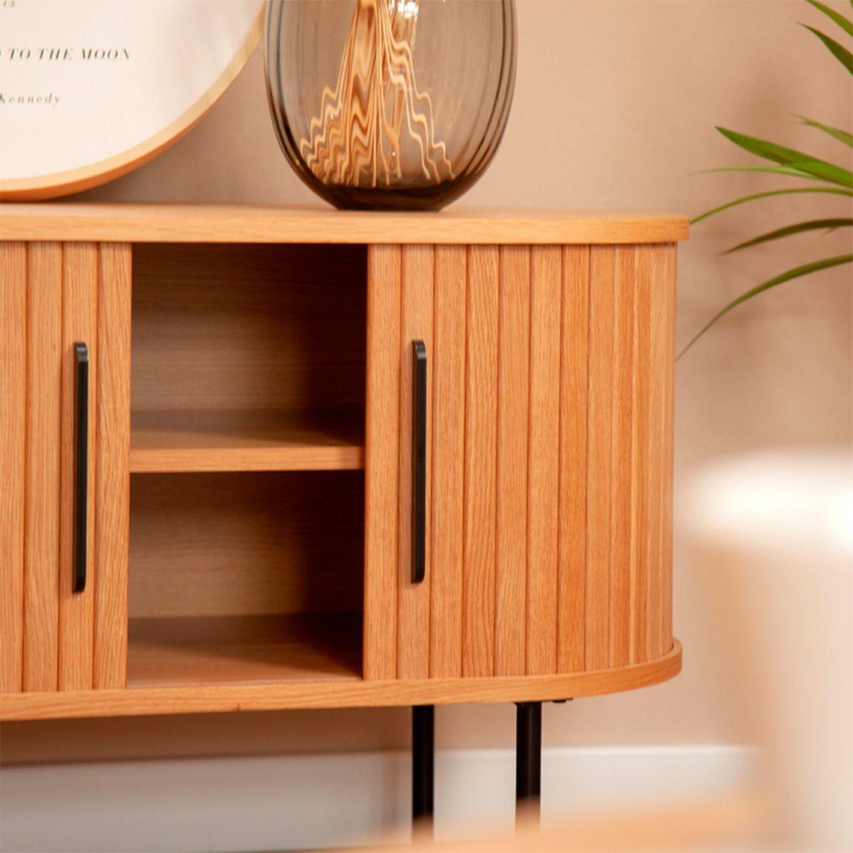 Buffet Oslo Bajo de Madera Roble Color Natural con Puerta Corredera y Patas Metálicas 120×40×55,5 cm-4