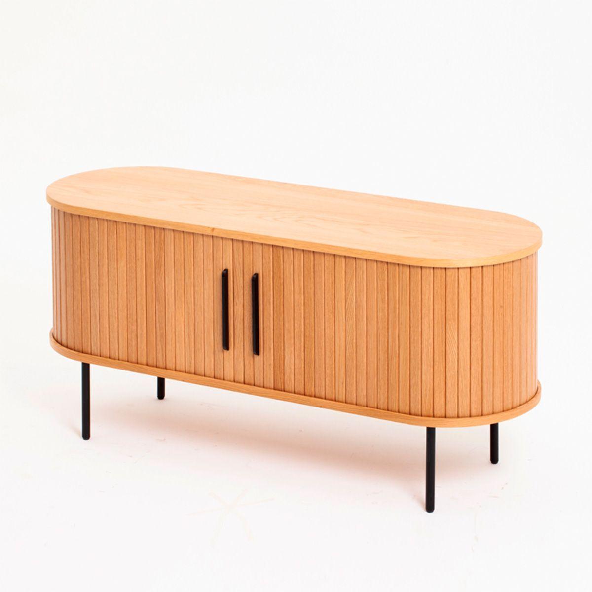 Buffet Oslo Bajo de Madera Roble Color Natural con Puerta Corredera y Patas Metálicas 120×40×55,5 cm-6