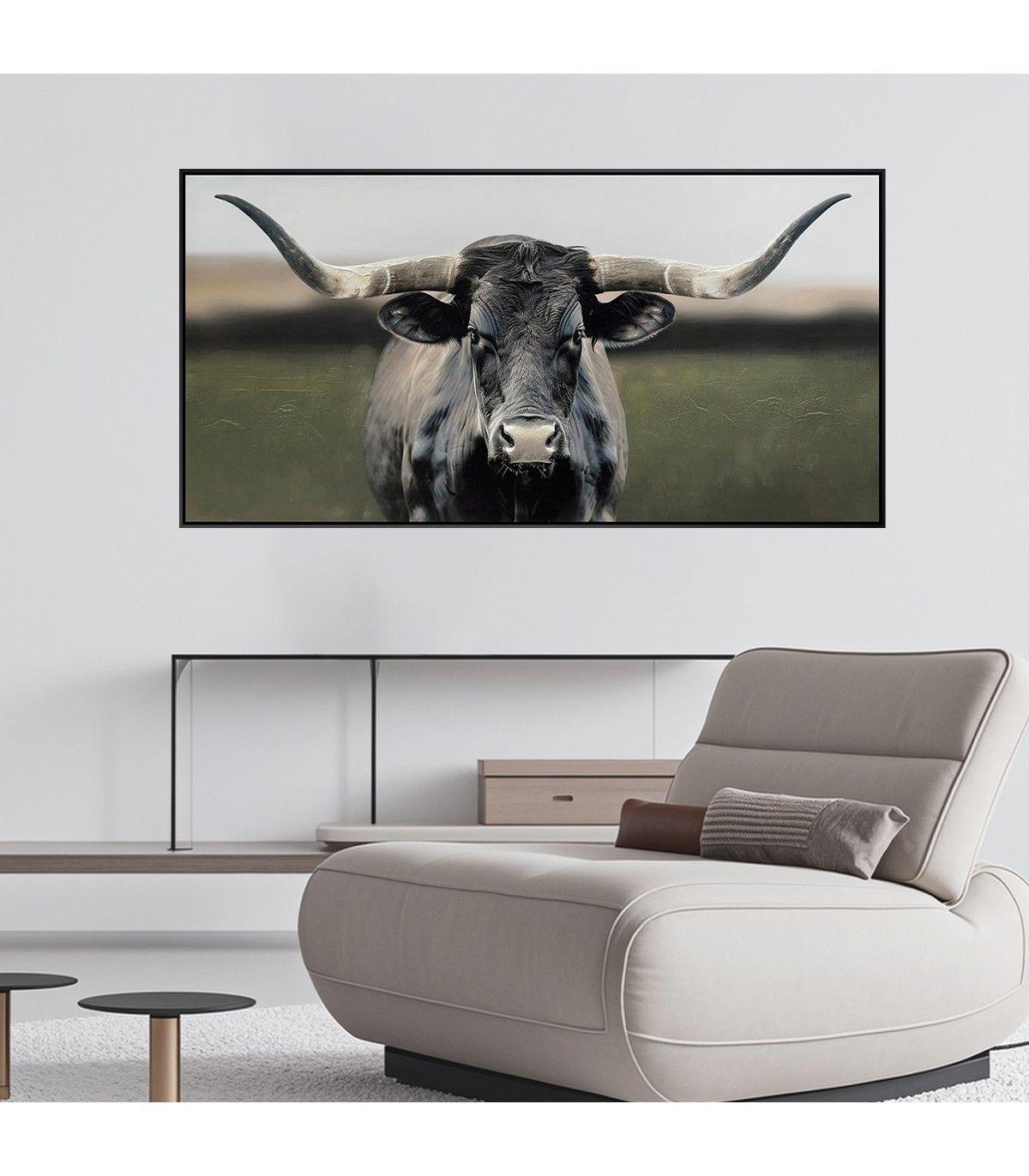 Cuadro Decorativo El Toro Canvas HD Con detalles Pintados a Mano Marco Negro 120x60 cm -2