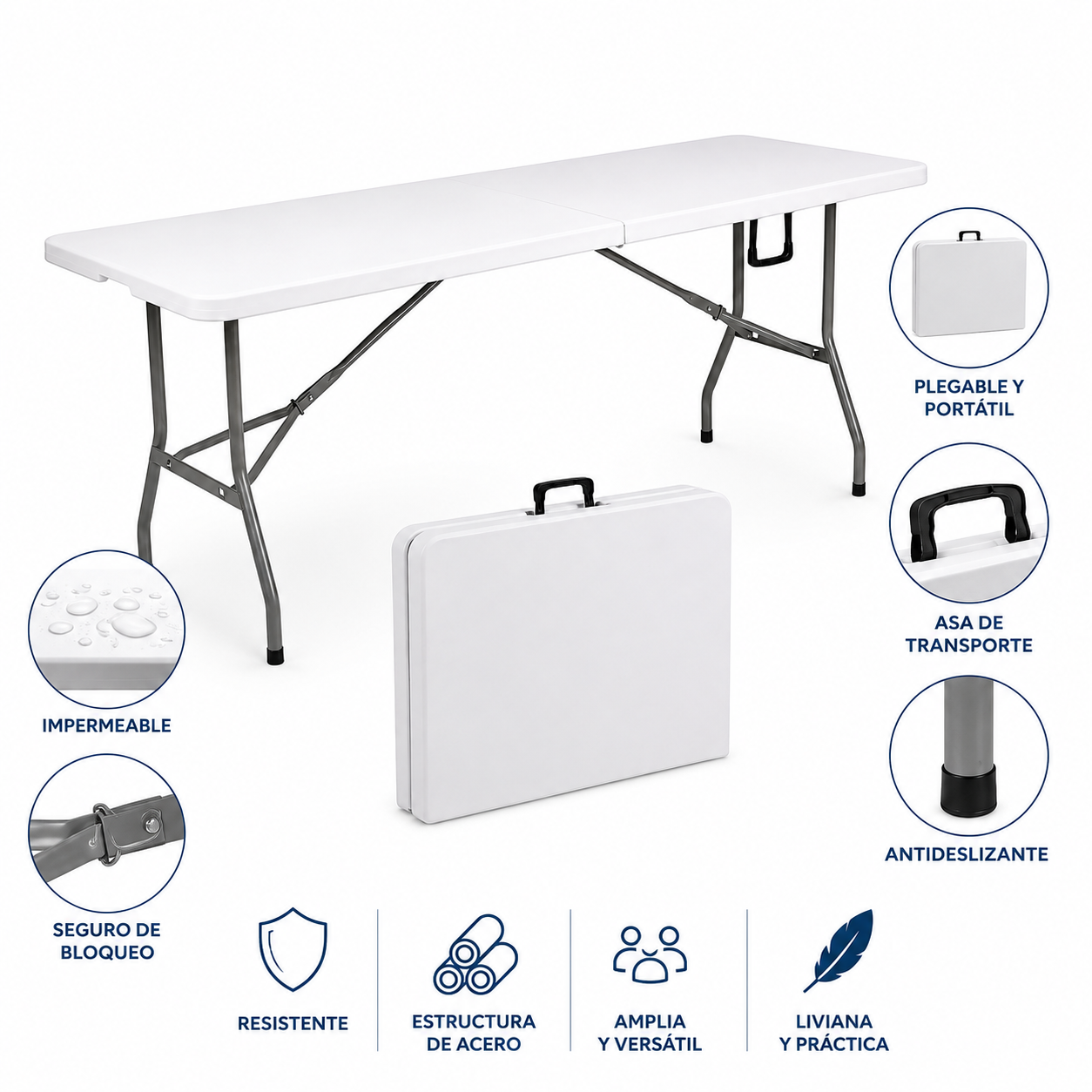 Mesa Plegable Camping 180x75 cm Blanca HDPE Reforzada con Estructura de Acero-2