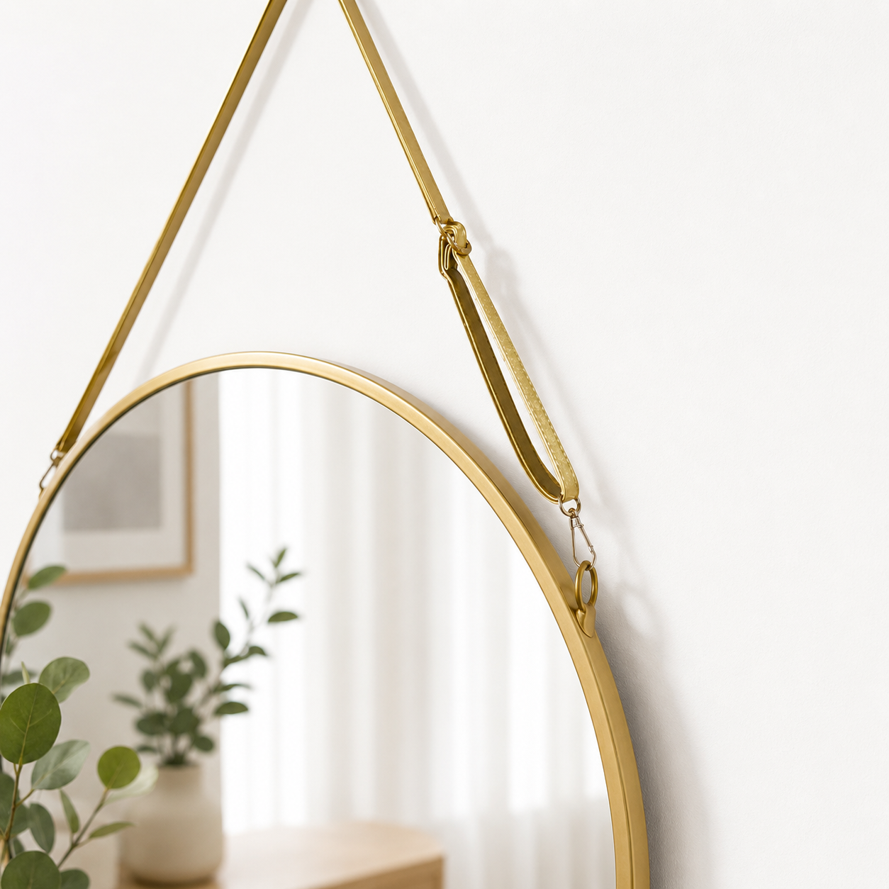 Espejo Redondo Colgante Dorado 60 cm con Correa Decorativa-2