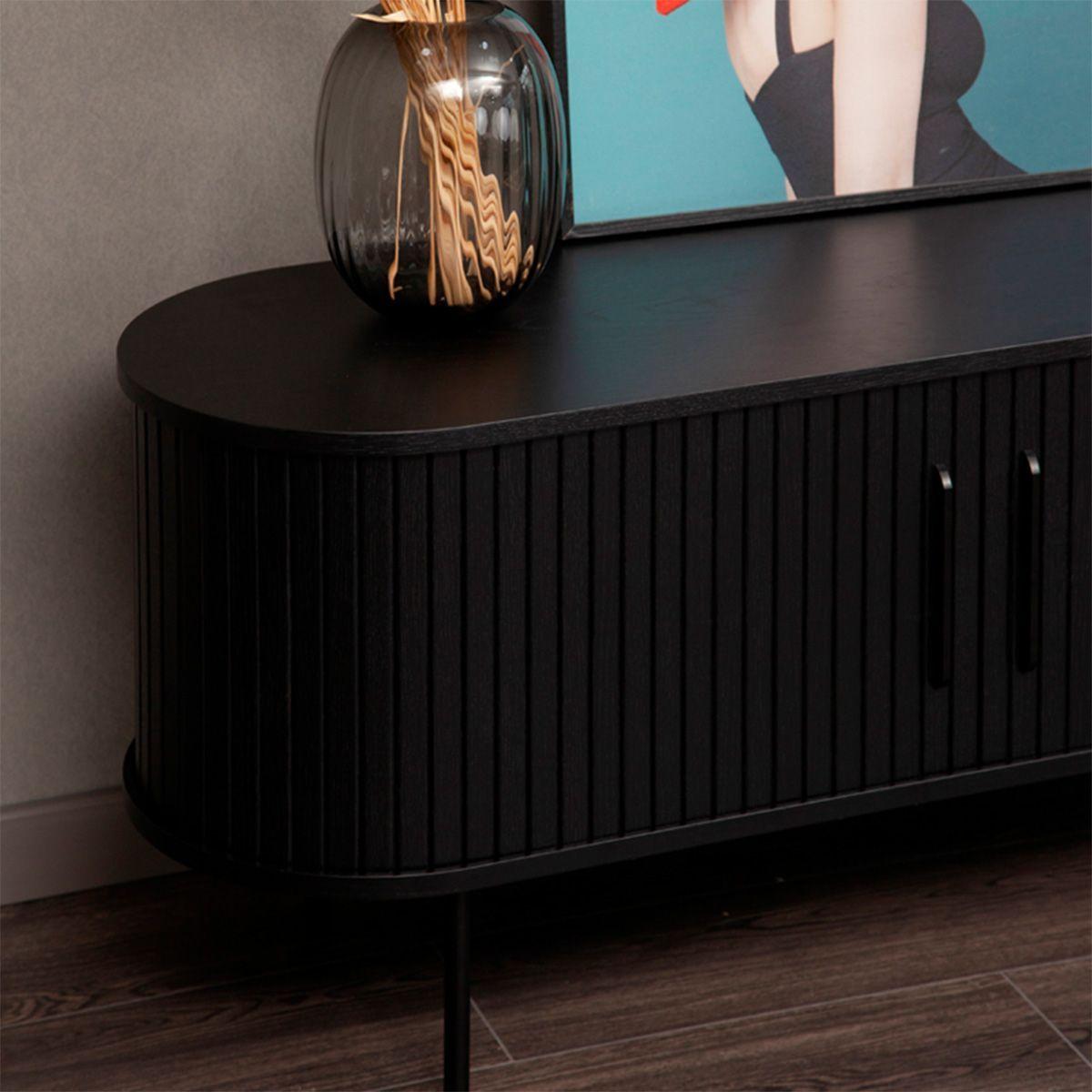 Buffet Oslo Bajo de Madera Roble Color Negro con Puerta Corredera y Patas Metálicas 120×40×55,5 cm-3