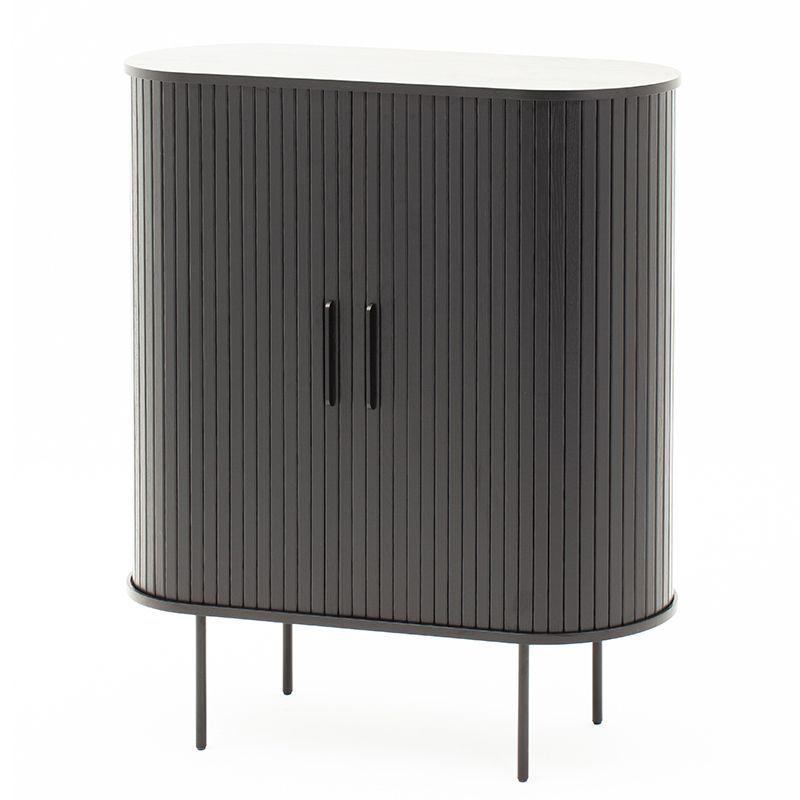 Buffet Alto Oslo madera de roble con puerta corredera negra y patas metálicas 100 × 40 × 118 cm.-3
