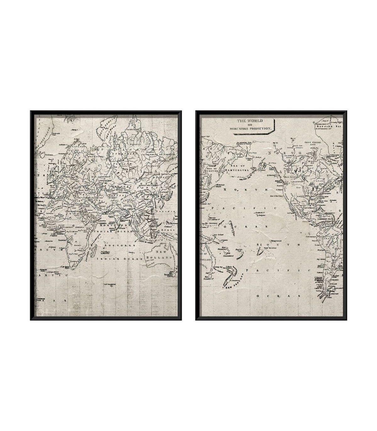 Set 2 Cuadros Decorativos El Mundo Canvas HD Pintados a Mano Marco Negro 50x70 cm-0