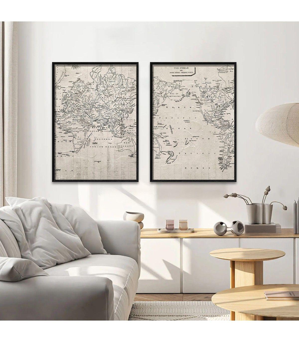 Set 2 Cuadros Decorativos El Mundo Canvas HD Pintados a Mano Marco Negro 50x70 cm-1