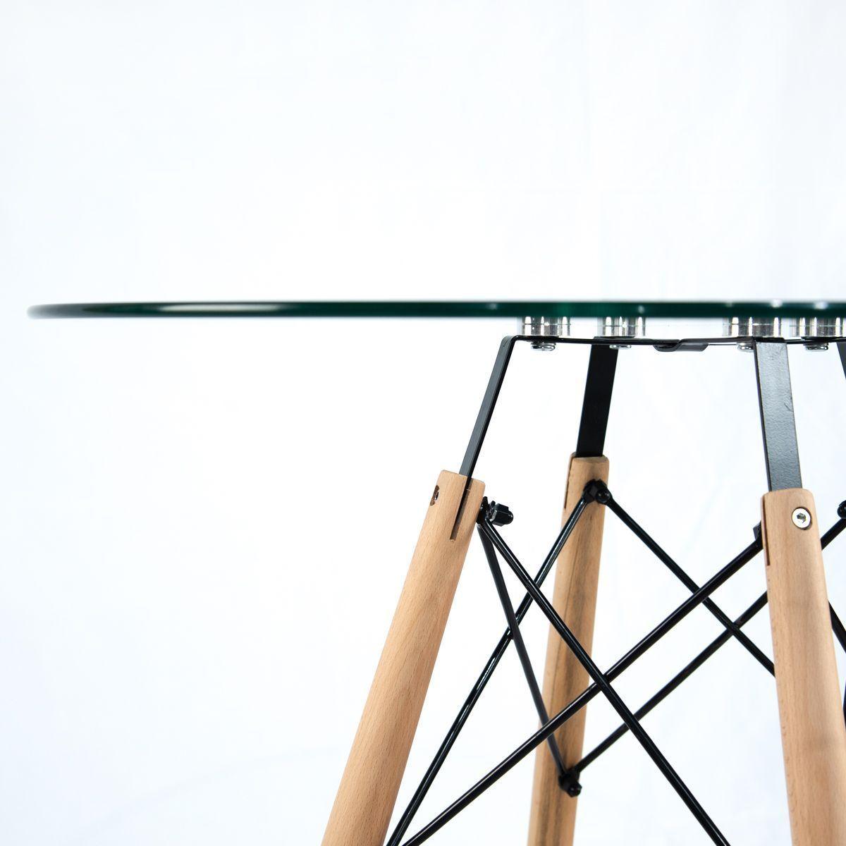 Mesa Eames Redonda 80 cm Cubierta de Vidrio Templado y Patas de Madera de Haya-3