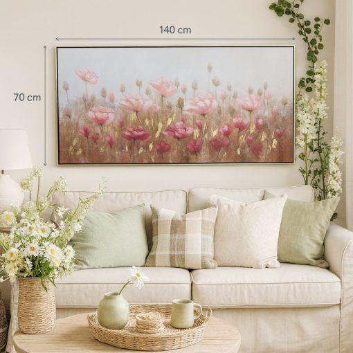 Cuadro Peonias pintura en tela canvas rosado blanco con marco 140x70cm-1