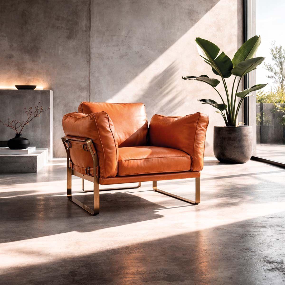 Sillón Briston 1 Cuerpo en Cuero Caramelo con Estructura Acero 97×88×82 cm.-1