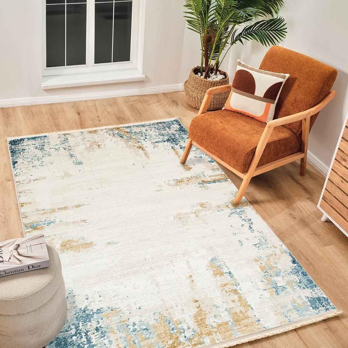 Alfombra Turca Perre015 Rectangular Poliéster Crema y Azul 160 x 230 cm-1