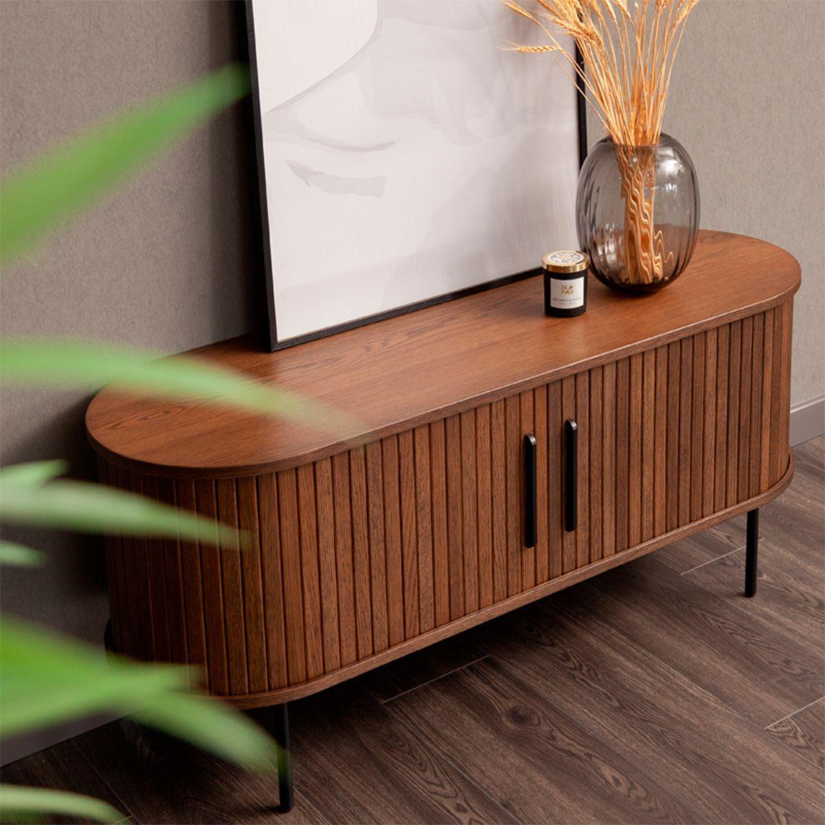 Buffet Oslo Bajo de Madera Roble Moro con Puerta Corredera y Patas Metálicas 120×40×55,5 cm-7