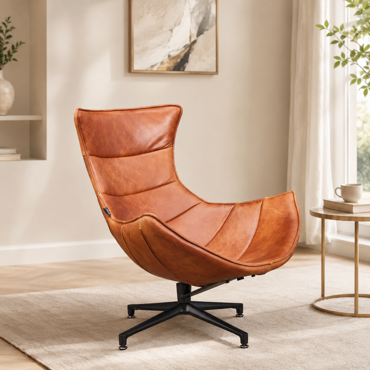 SILLA GIRATORIA ENGEL EN CUERO FULL GRAIN CARAMELO Y ACERO SAND BLACK 86 96 92 CM-1