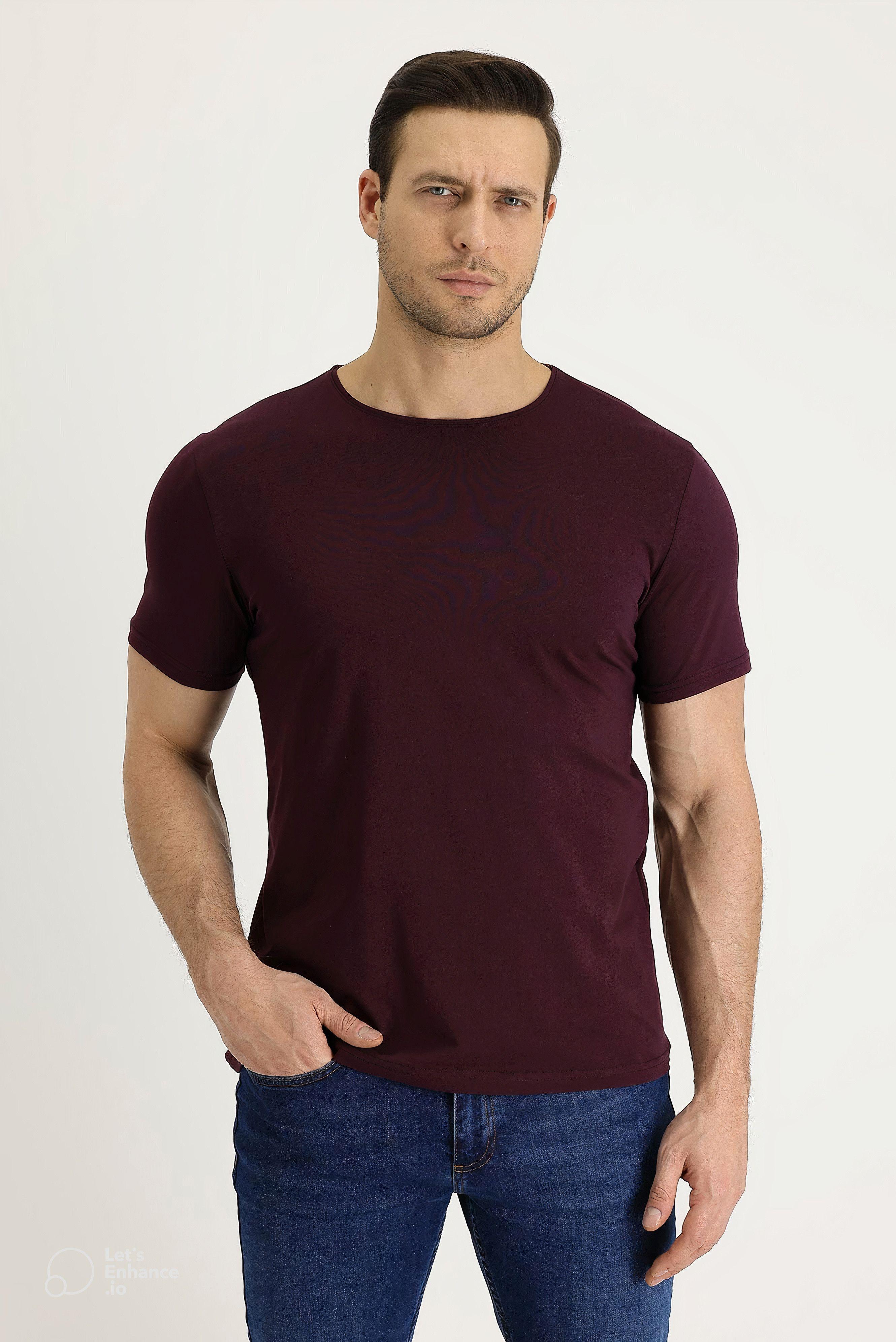 Polera Burdeo Manga Corta Hombre Casual Cuello Redondo-0