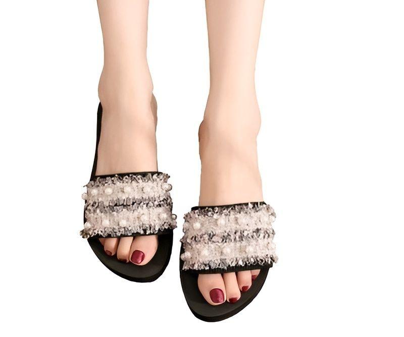 Sandalias Mujer Elegante Negro con Perlas -3