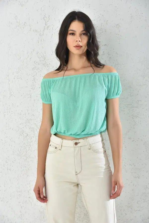 Blusa Mujer Hombros Bajos Turquesa Sarah&Ella-3