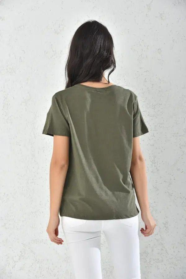 Polera Verde Militar Mujer Cuello V-3