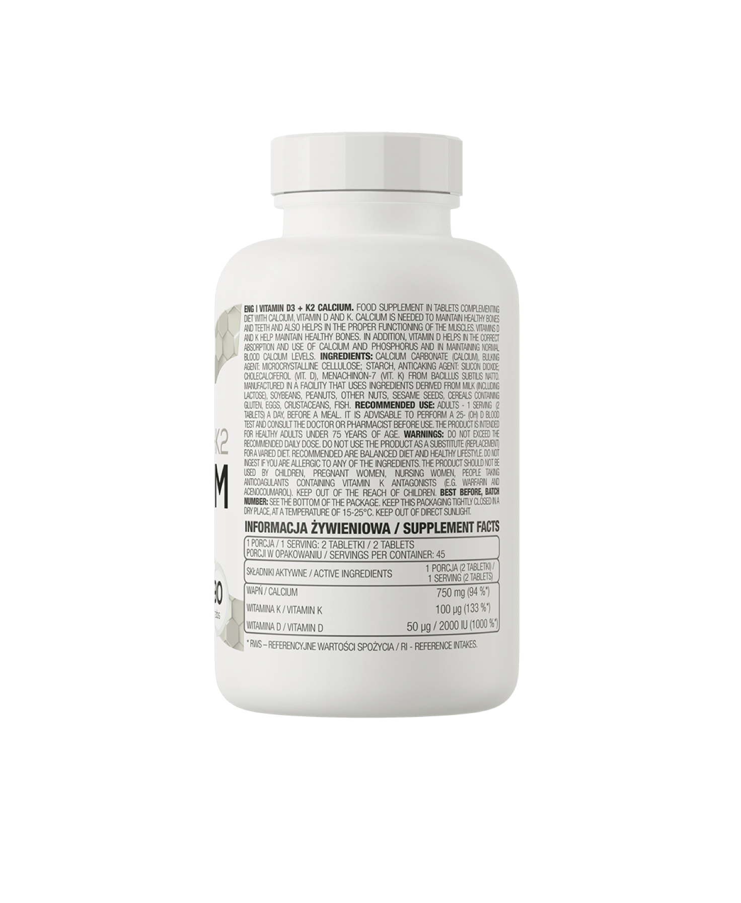 Vitamina D3 2000 Iu + K2 100 mcg + Calcio, 90 tabs, Ostrovit-2