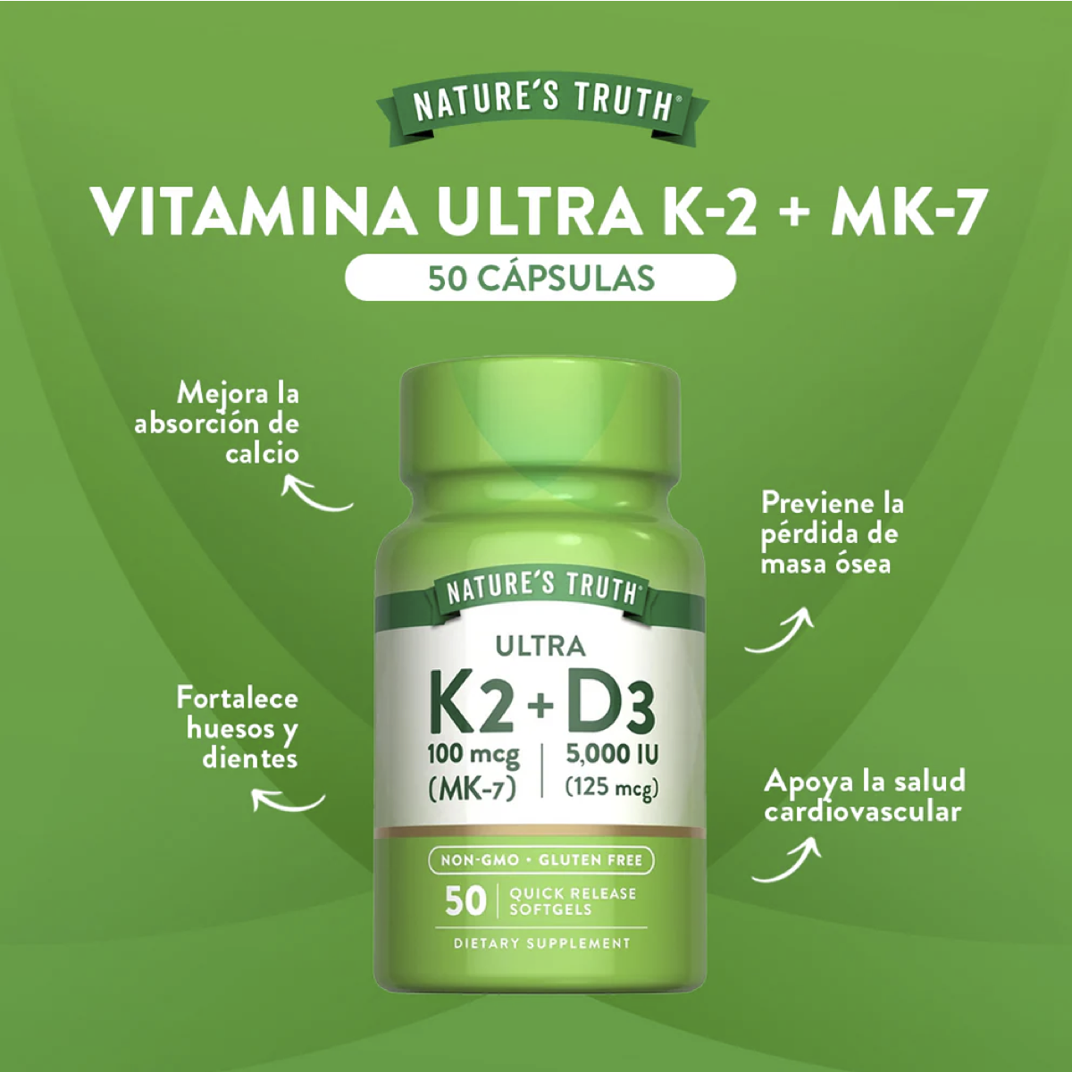 Vitamina D3 5000 Iu + K2 100 mcg, 50 cabs, Nature's Truth, USA-1