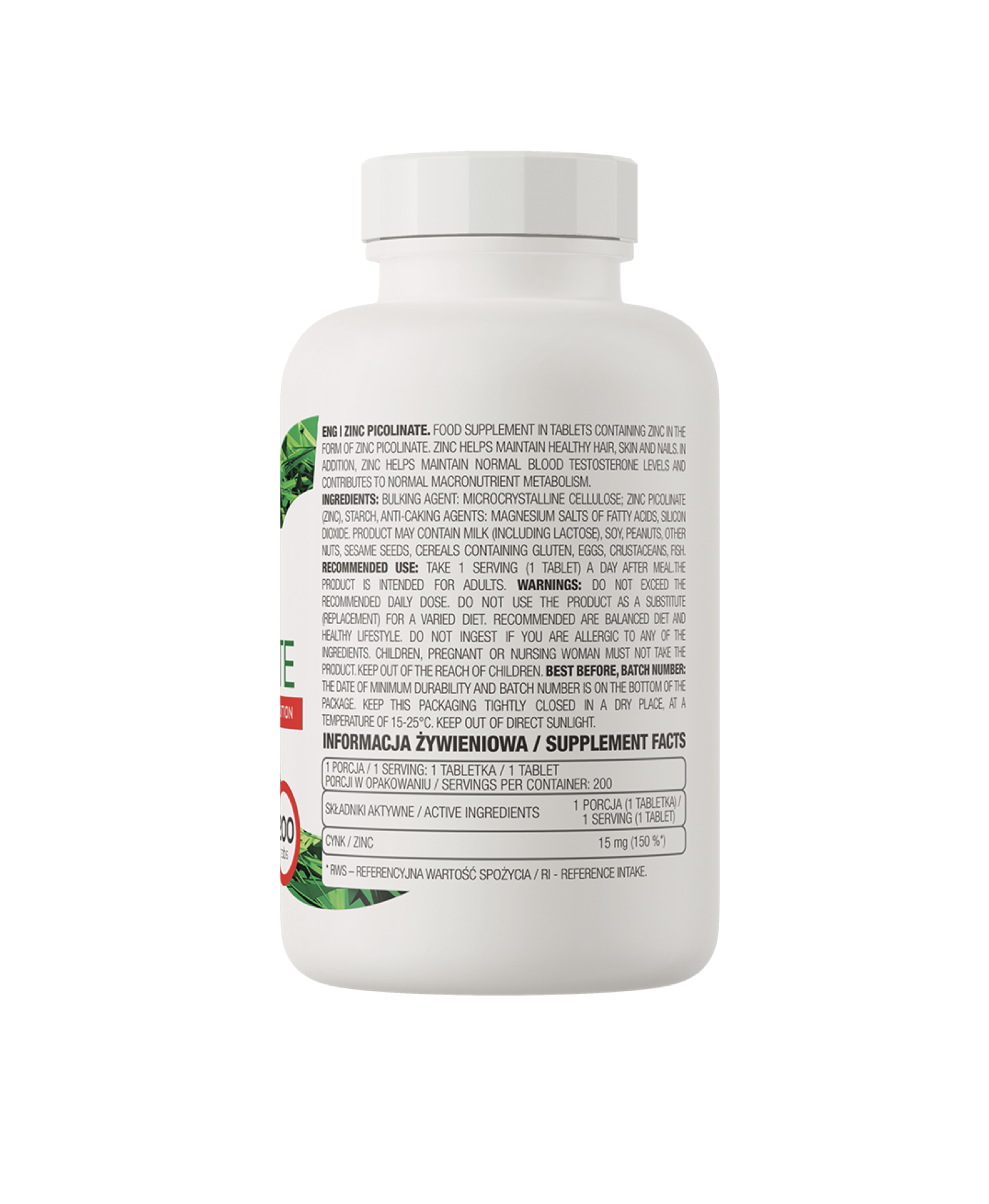 Zinc Picolinato de alta biodisponibilidad 15 mg, 200 tabs, Ostrovit-2