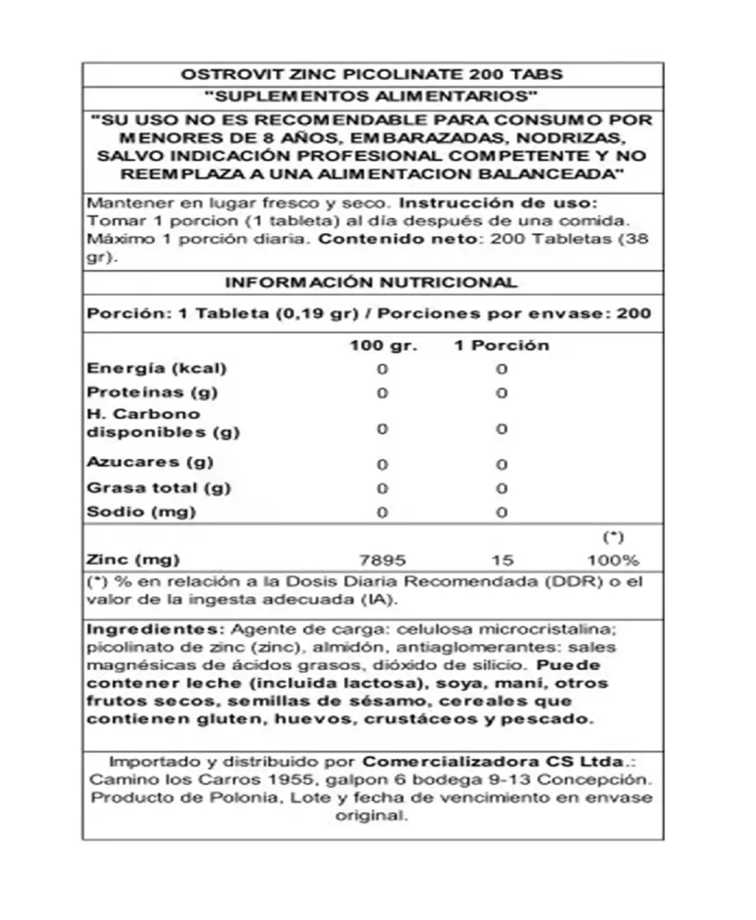Zinc Picolinato de alta biodisponibilidad 15 mg, 200 tabs, Ostrovit-3