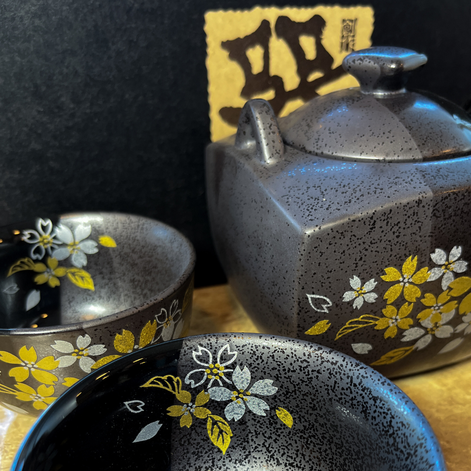 Set Juego Té Japonés Sakura Cuatro Estaciones Diseño Negro-3
