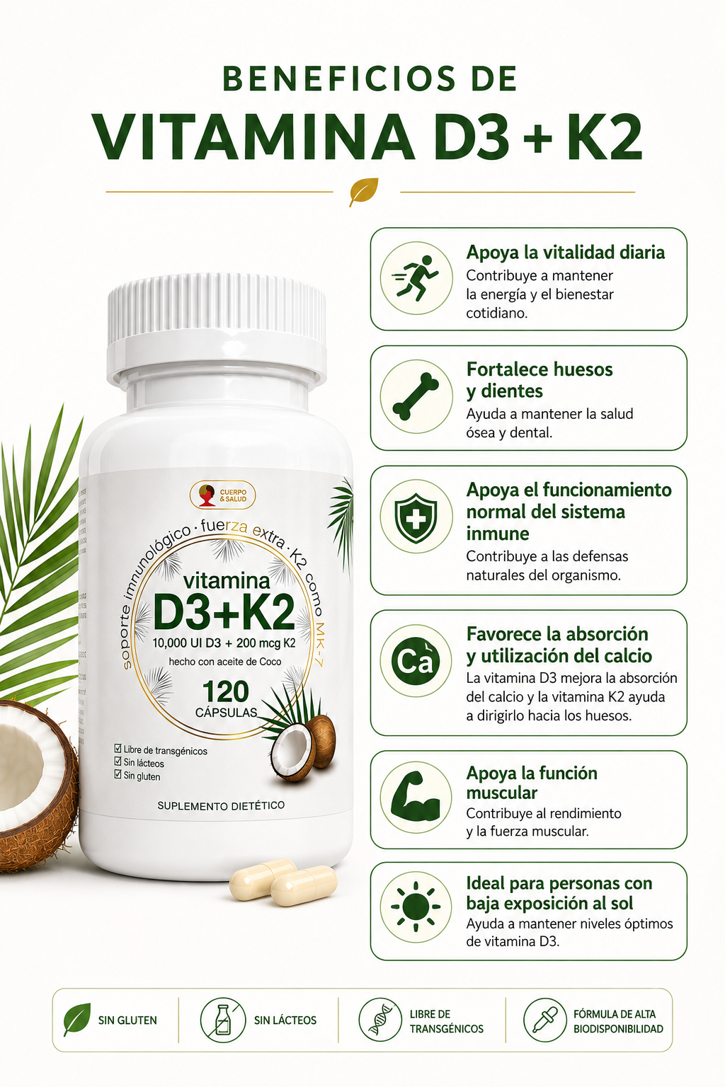 Vitamina D3 10000 Ui K2 200 Mcg 120 C psulas Con Coco-2