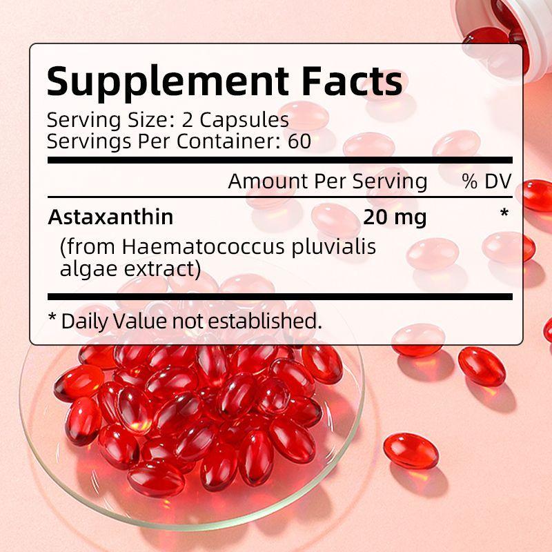 Astaxantina derivado de alga,  Antioxidantes para Piel, Ojos y Salud General 20mg 60 Capsulas-3