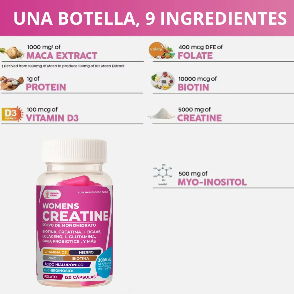 Creatina Mujer 3000 Mg + Myo-inositol + Probioticos 120 Caps Sin Sabor-2