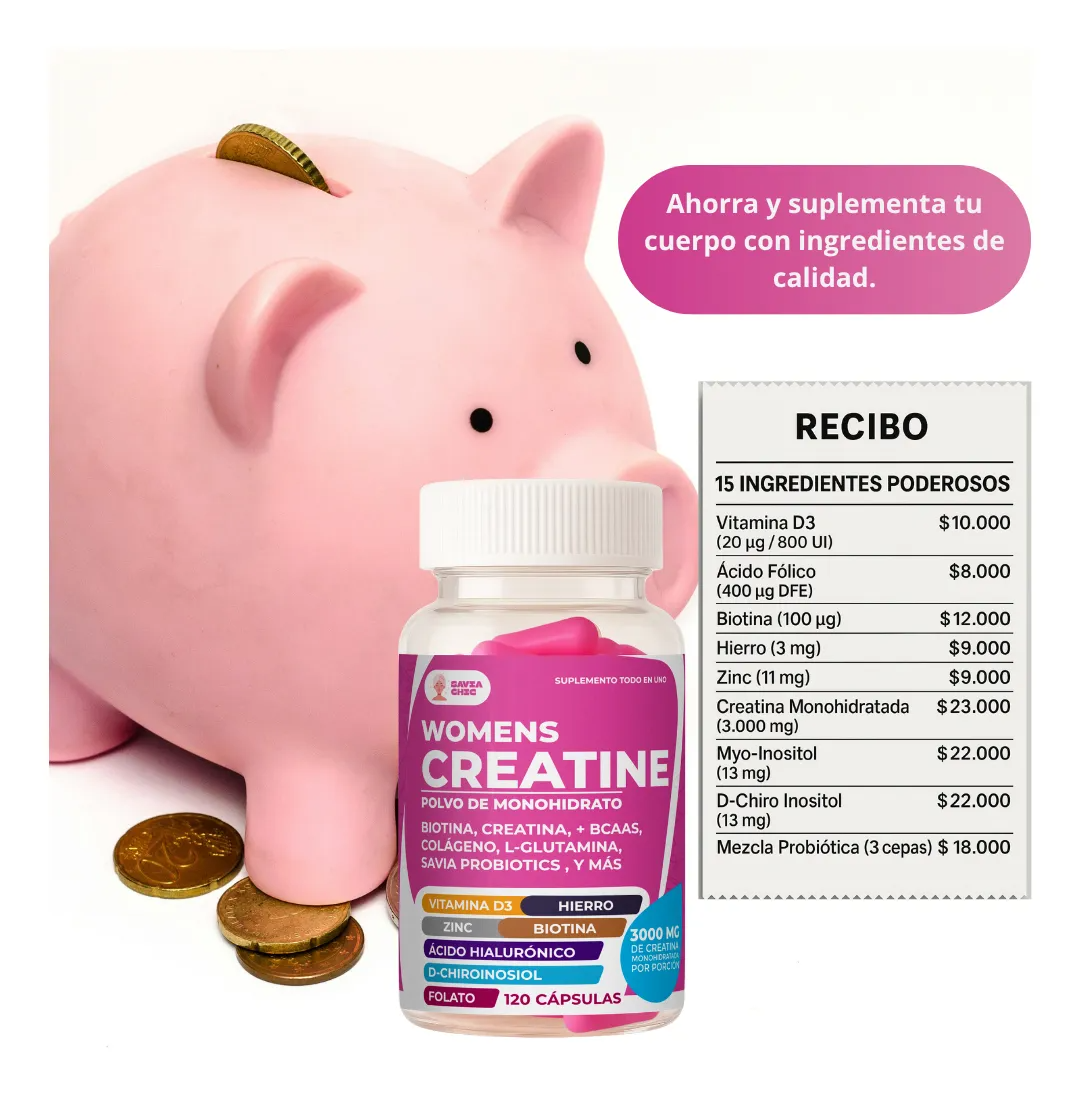 Creatina Mujer 3000 Mg + Myo-inositol + Probioticos 120 Caps Sin Sabor-3