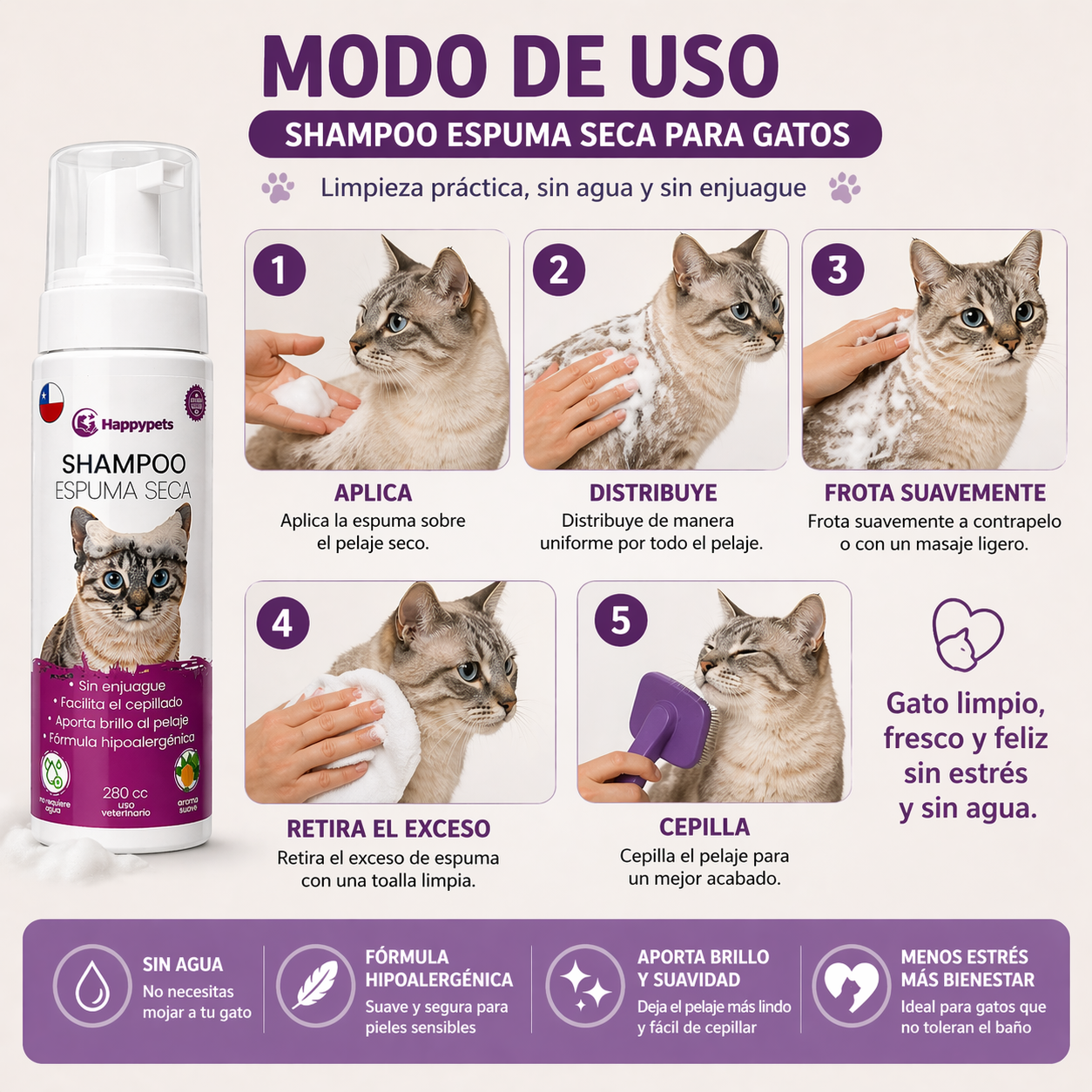 Shampoo Espuma Seca Happypets Para Gatos 280cc-2