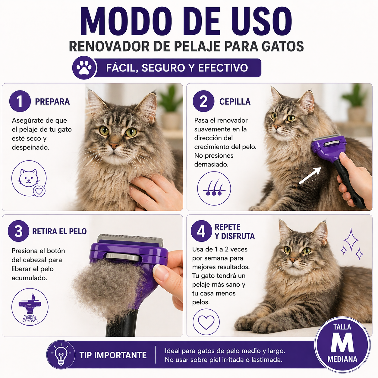 Cepillo Deslanador Para Gato Pelo Largo Talla M-2