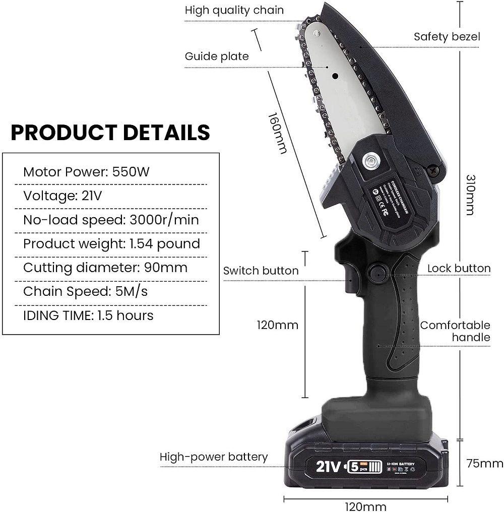 Motosierra Eléctrica Recargable Portátil 4"-5