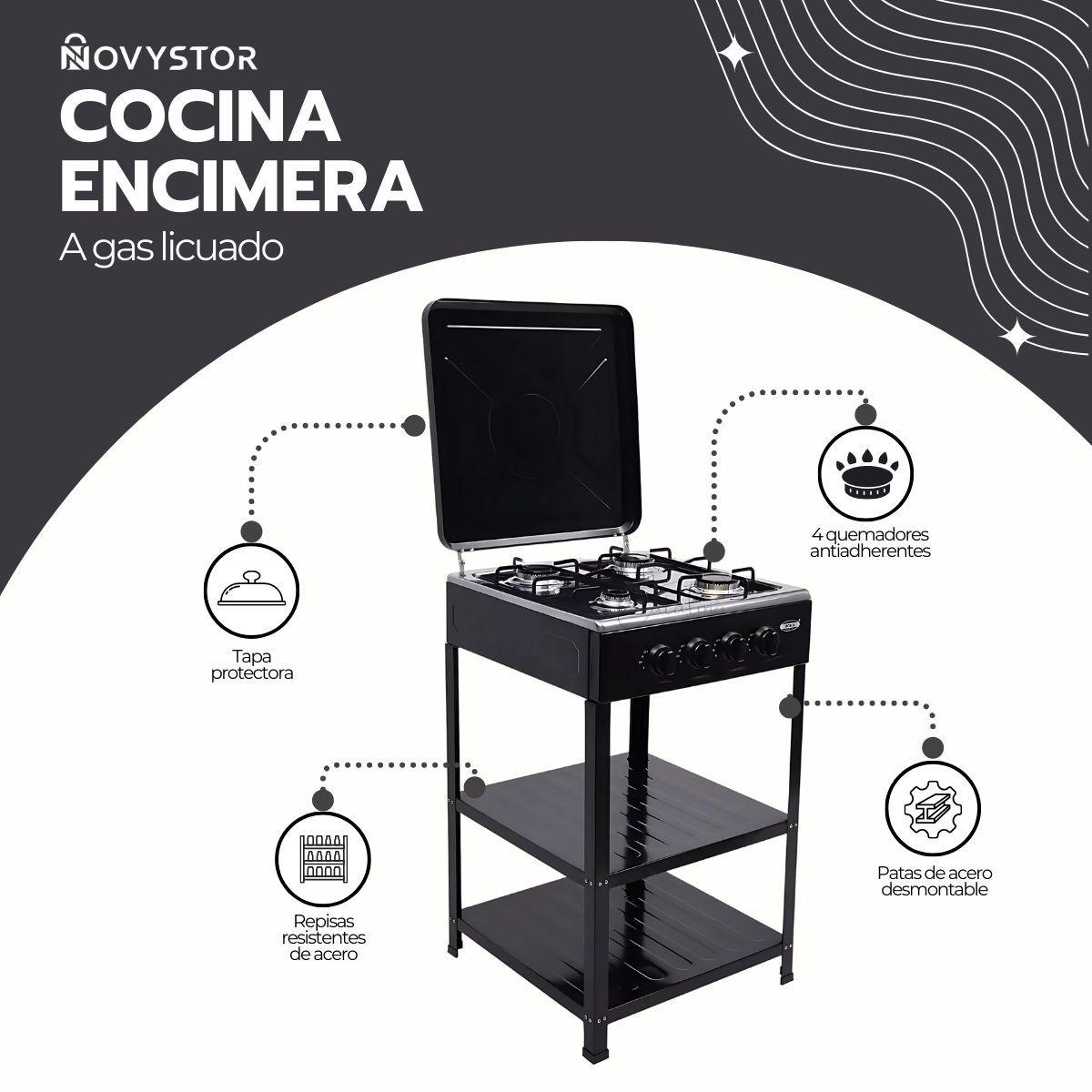 Cocina Encimera Gas 4 Platos con Mesa y Tapa de Acero-2