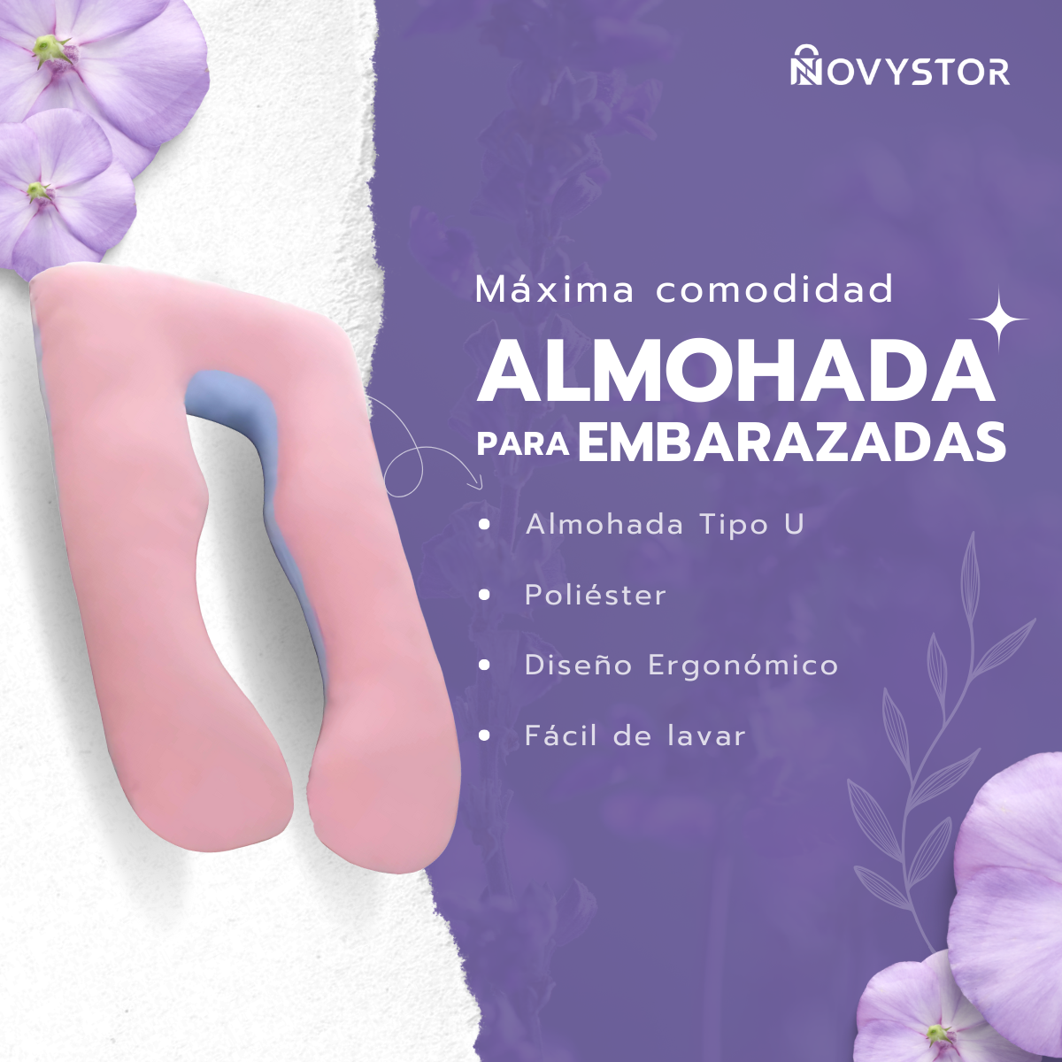 Almohada Embarazo Tipo U Rosa Poliéster Suave y Ergonómica-2